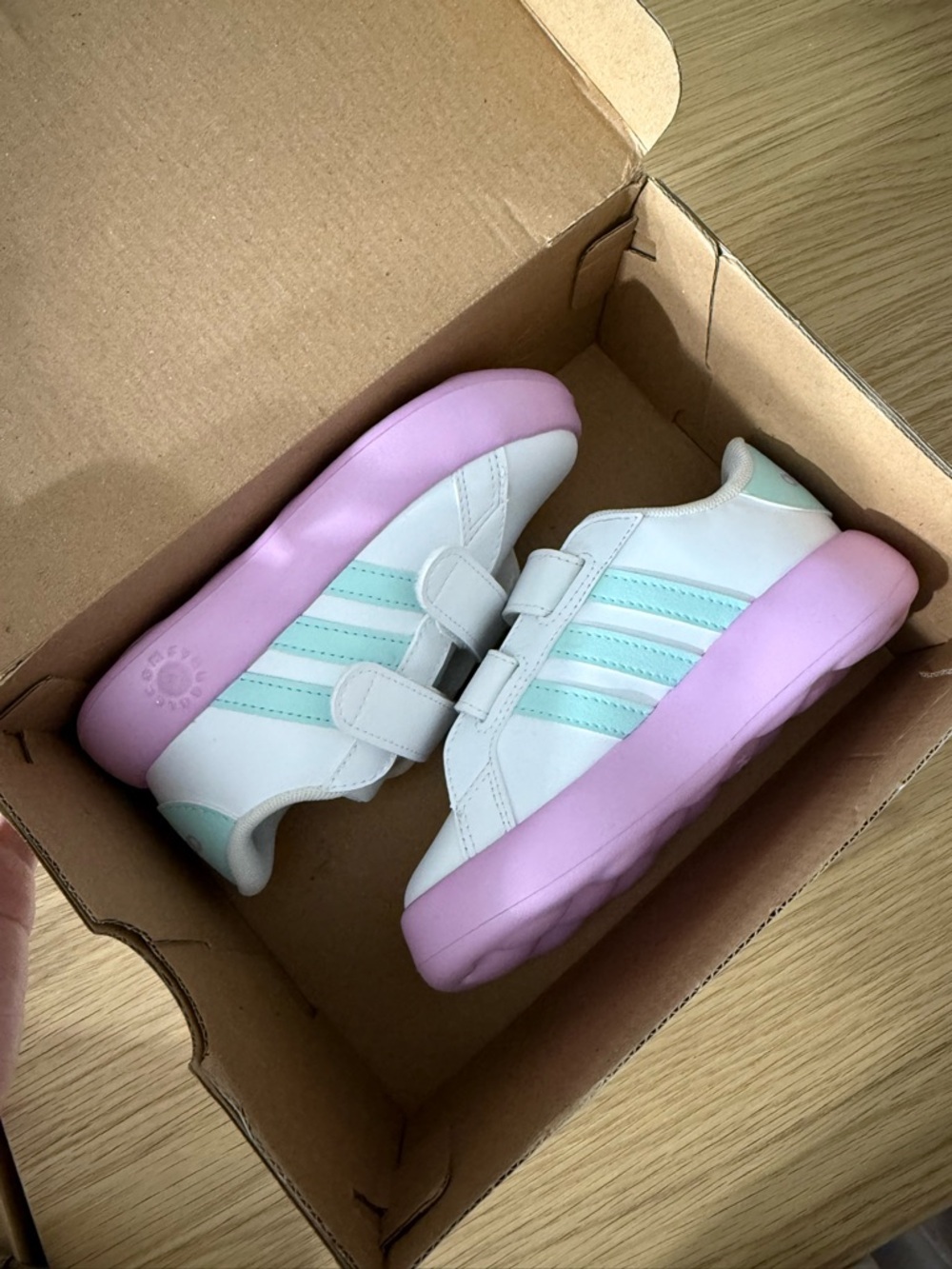 adidas Kids White Sneakers with Mint Stripes and Pink Sole - Velcro